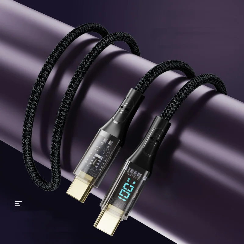 transparent type c 100w cable fast charging 1M USB 2.0 with led display wholesale pd cable 5a type-c 100w pd data cable