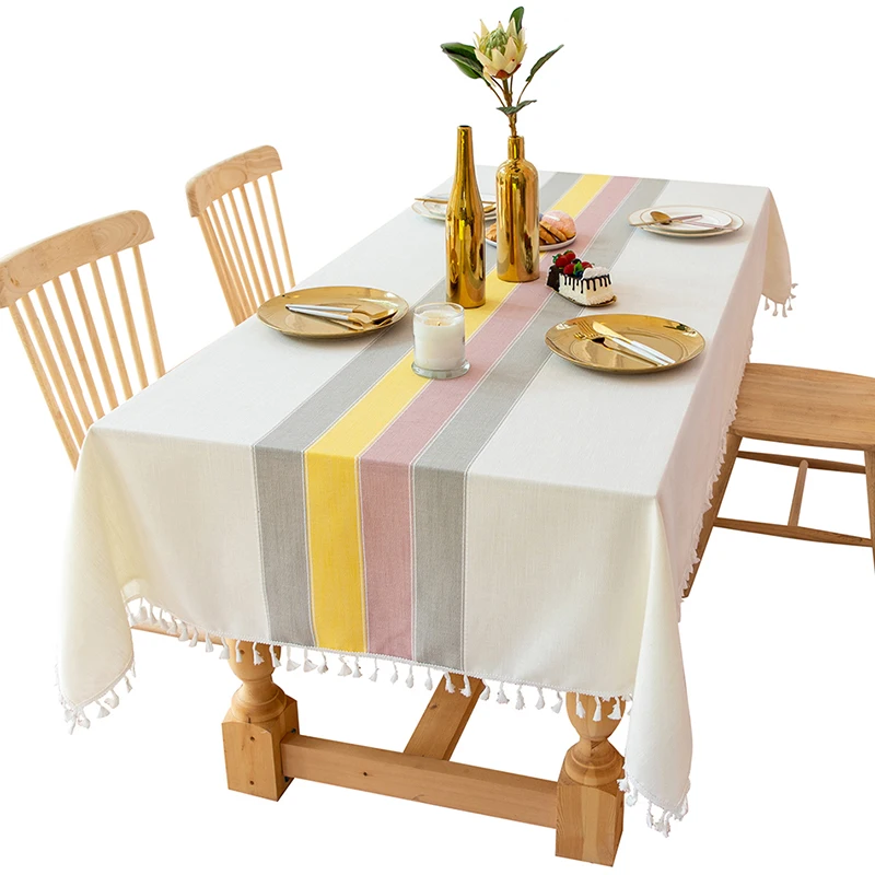 Rectangle Standard Sizes White and Black Fringe Tablecloth Flexible Protection Polyester Fabric Table Cover Cloth for Wedding