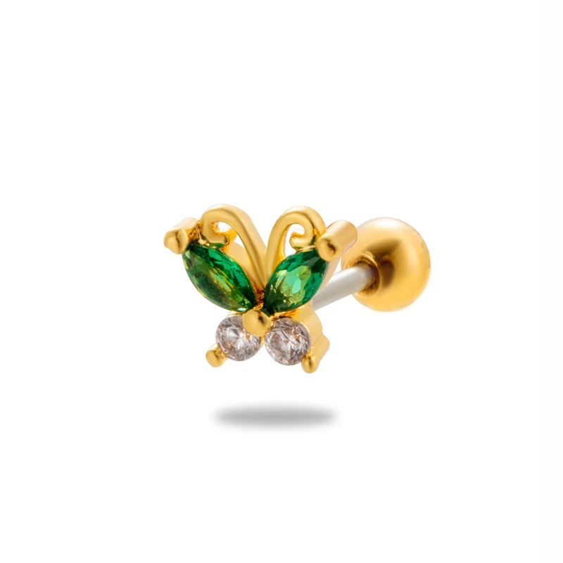 custom helix piercing women jewelry stainless steel screw back green zircon butterfly ear tragus lobe cartilage stud earrings