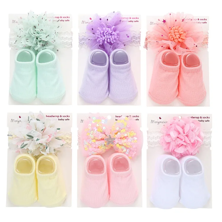 Spanish New Fancy Solid Color Princess Cute Bows Hairband Newborn Socks Set Cozy Cotton Candy Color Baby Socks Hairband Gift Set