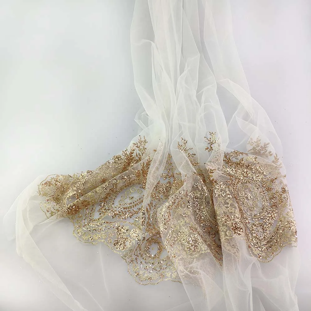 In stock gold glitter printing blingbling glitter nylon mesh fabric for wedding party  dress