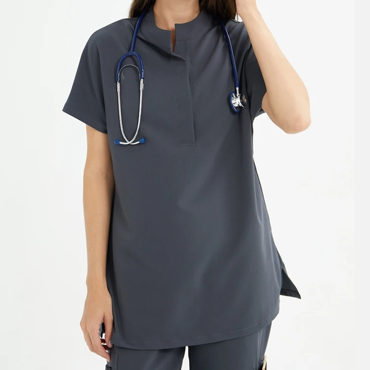 One Button Placket Mandarin Collar Drop-Shoulder Silhouette Comfy Nursing Women Scrubs Tops Uniform