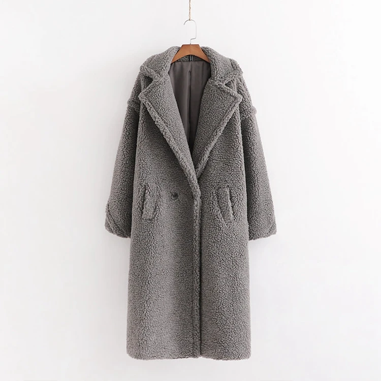 Hot Sale Winter Notched Lapel Wool Long Sleeve Maxi Long Women Faux Fur Teddy Coat
