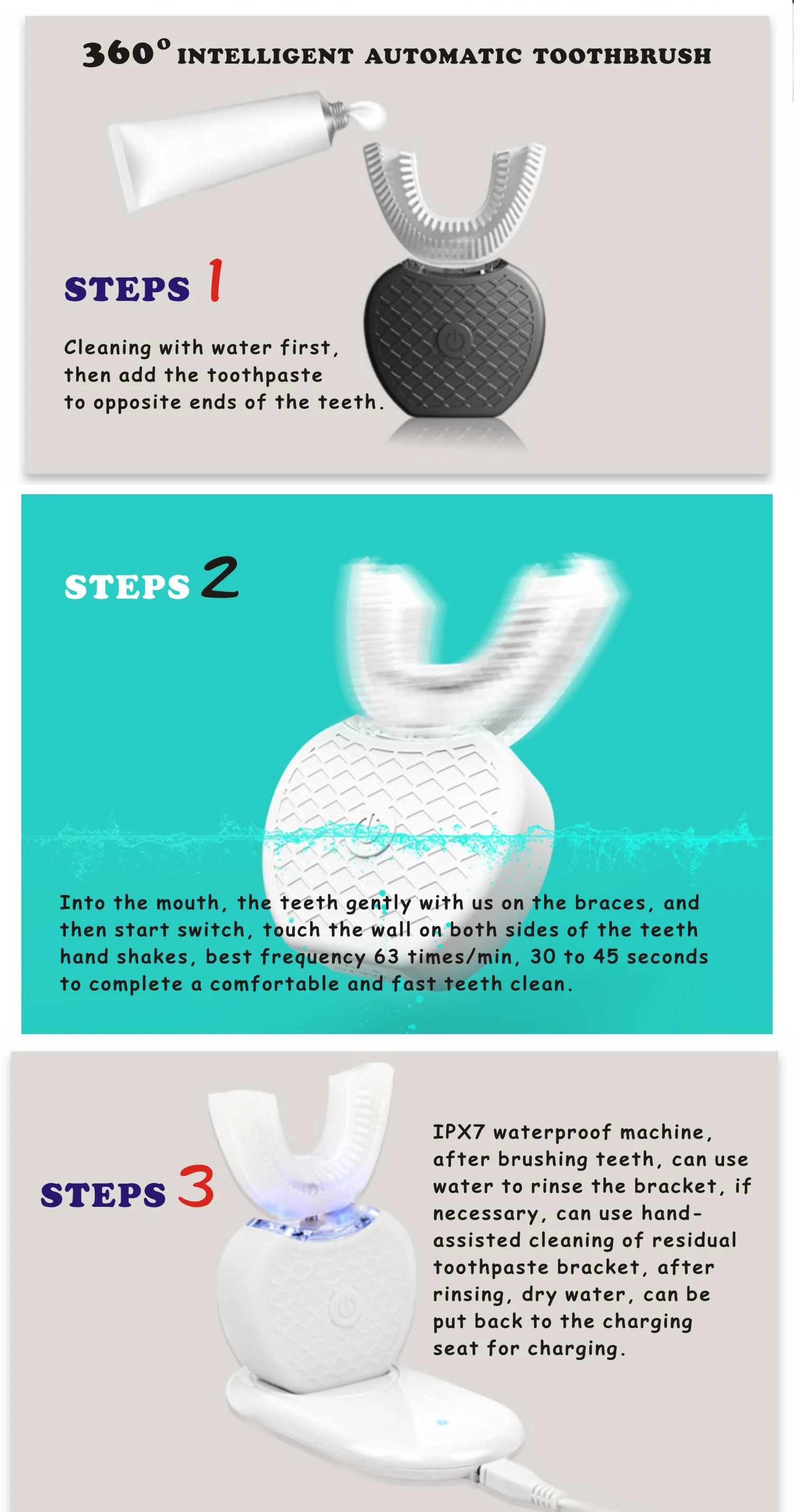 wholesale-teeth-whitening-kits dropshipping 3 in 1 u shaped electric toothbrush teeth whitening kit black for Adult