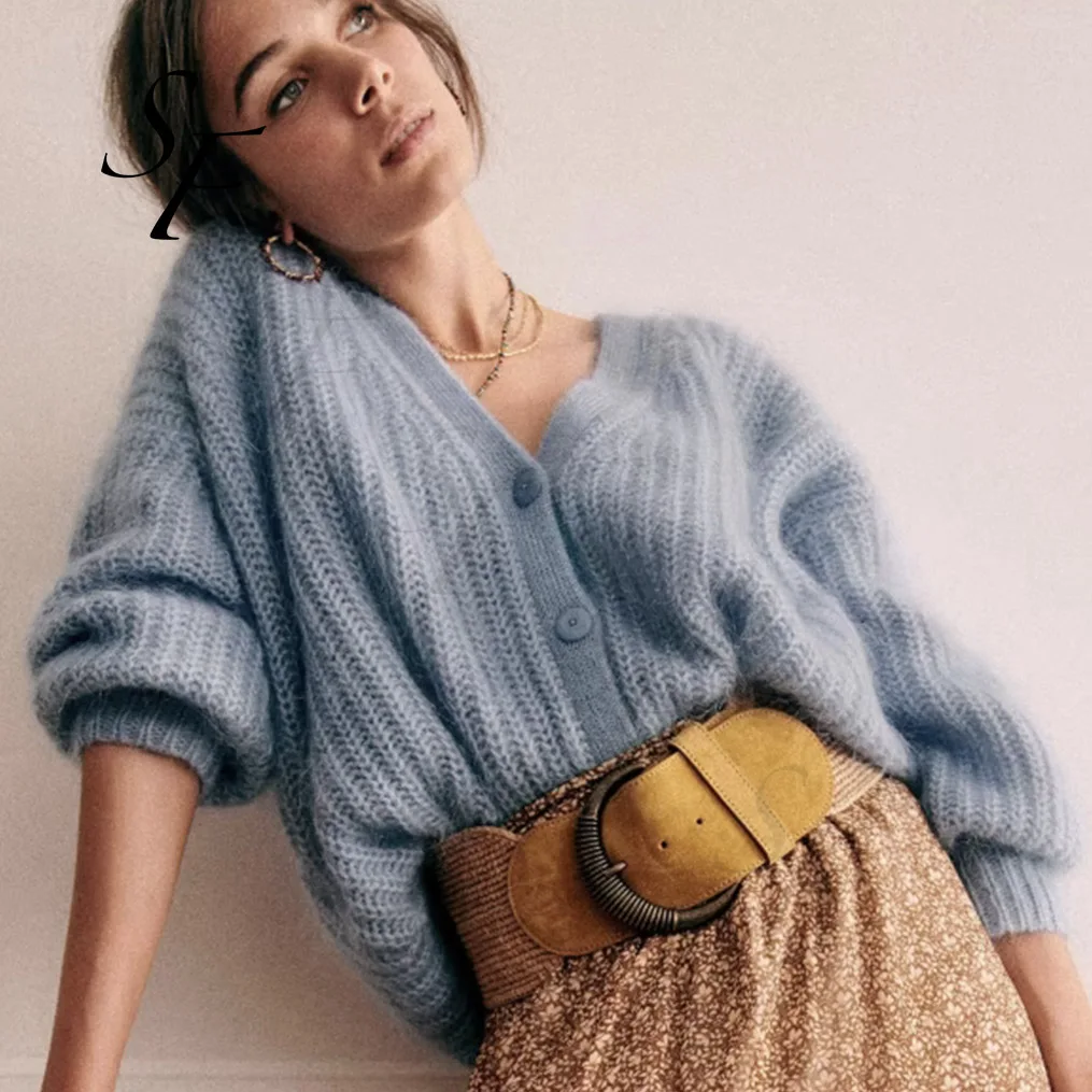 Custom winter mohair wool solid color puffed sleeve beaded rib knitwear sweater sexy V neck knit cardigan for women