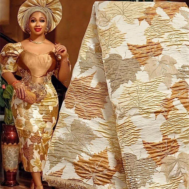 Custom lurex yarn dye textile luxury african 3d embroidery maple leaf design gold jacquard metallic brocade fabric for dress