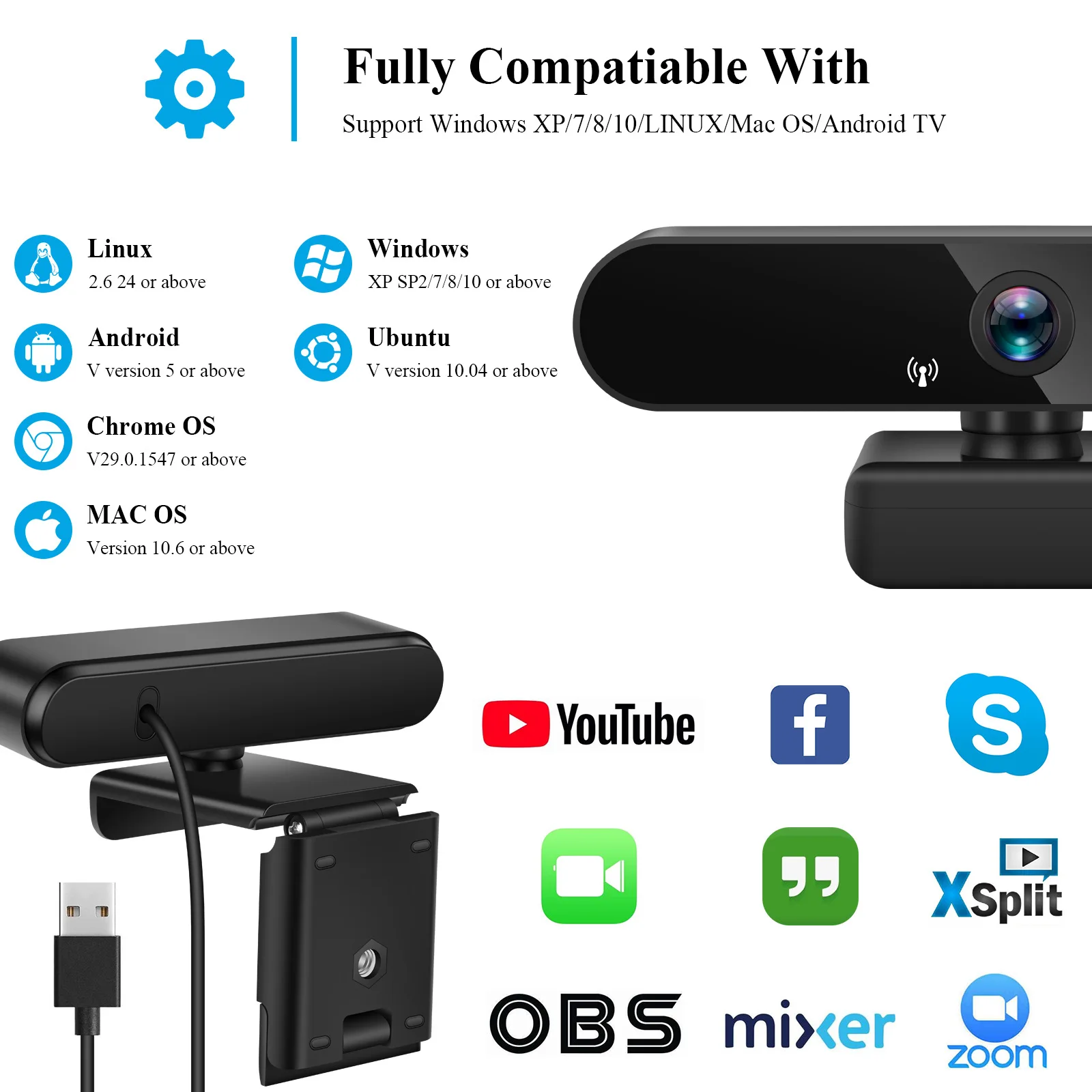  Full HD Autofocus USB Streaming Microphone PC Computer Web Camera Cover 1080P 4K