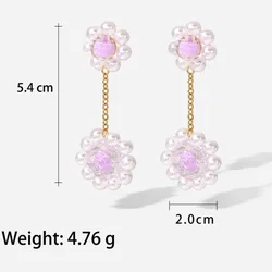 Vintage Design Handmade Flower Pearl Dangle Earring Stainless Steel Knit  Purple Crystal Flower Earring