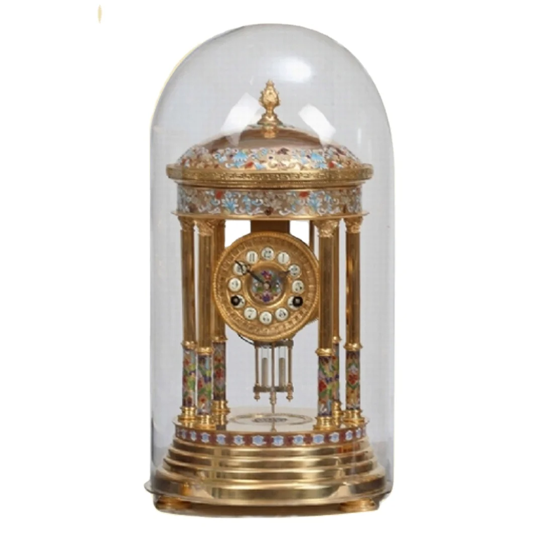French Style Cloisonne Enamel Gilt Brass Case Rotunda Dome Engraved Dial 15 Days Mechanical Movement  Boudoir Table/Desk Clock