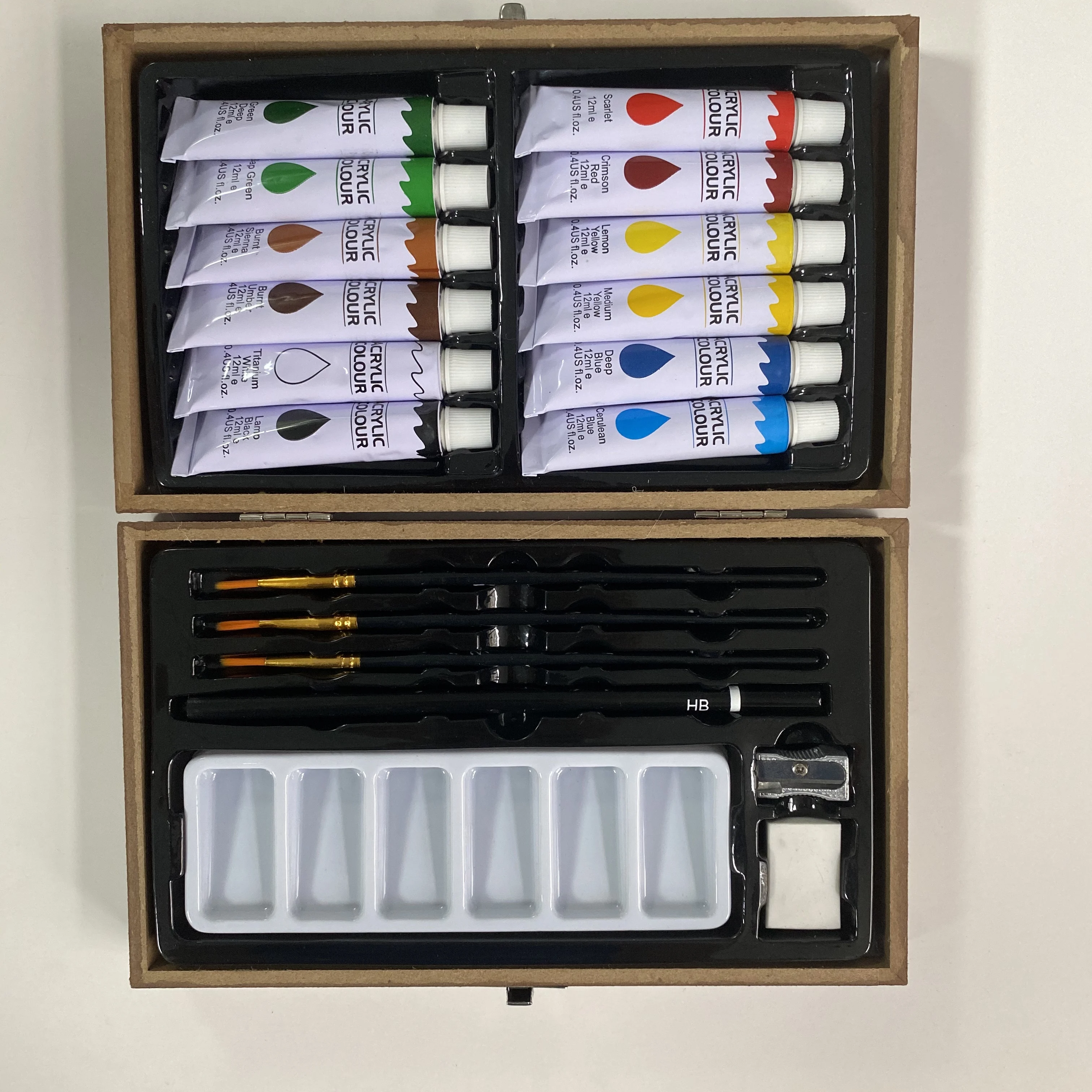 Customized Logo Deluxe 20pcs Art Set Wood Case Package Stationery Set with Pencil 12ml Acrylic Paint for Painting Drawing