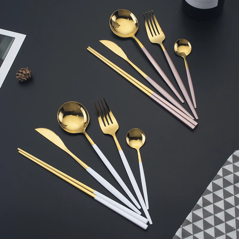 Portable travel Stainless steel gold silverware tableware gold cutlery wedding spoon knives fork