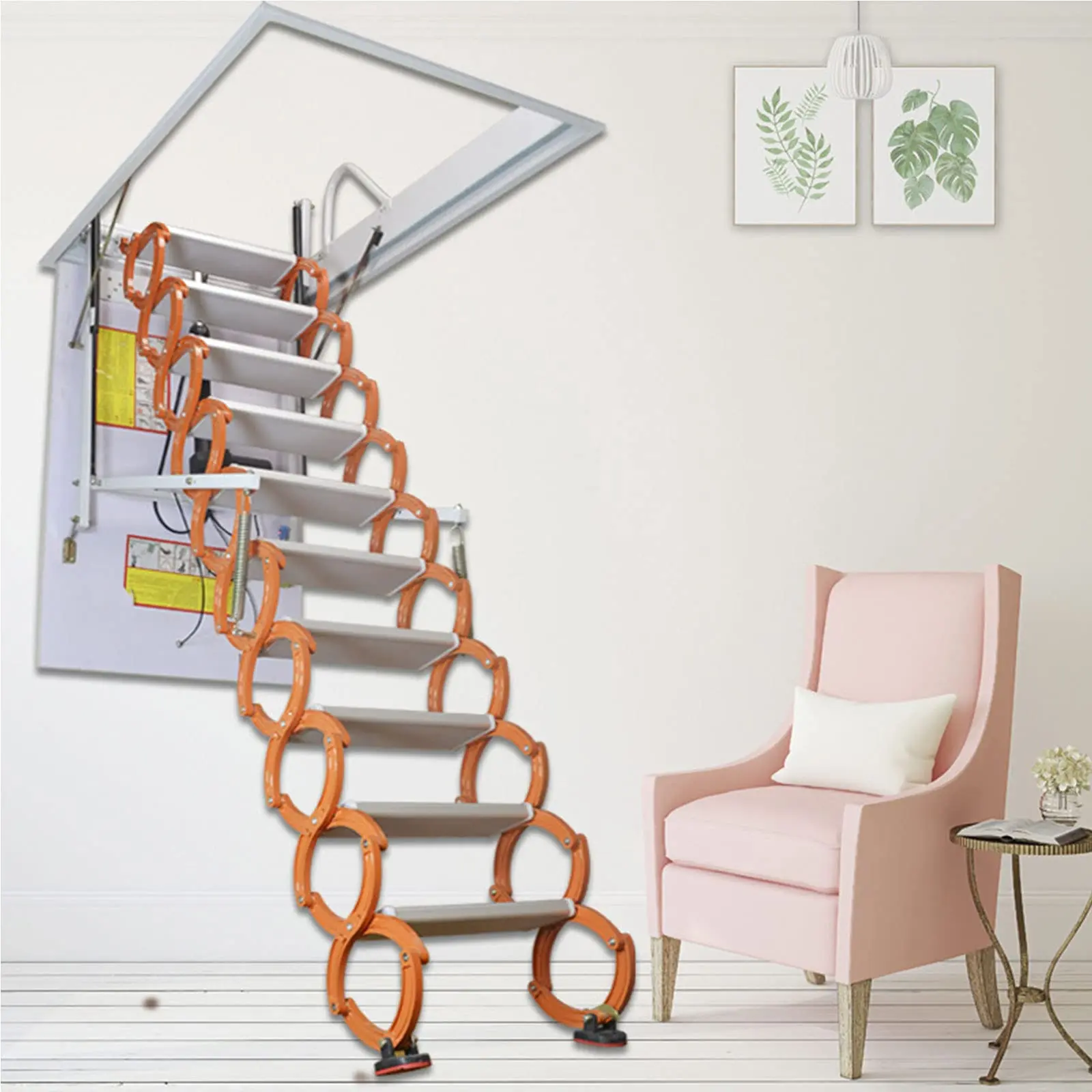 Attic Ladder Aluminium Telescopic Loft Ladder Stairs Aluminum Folding Ladder Modern CE Orange 375 Lbs EN131