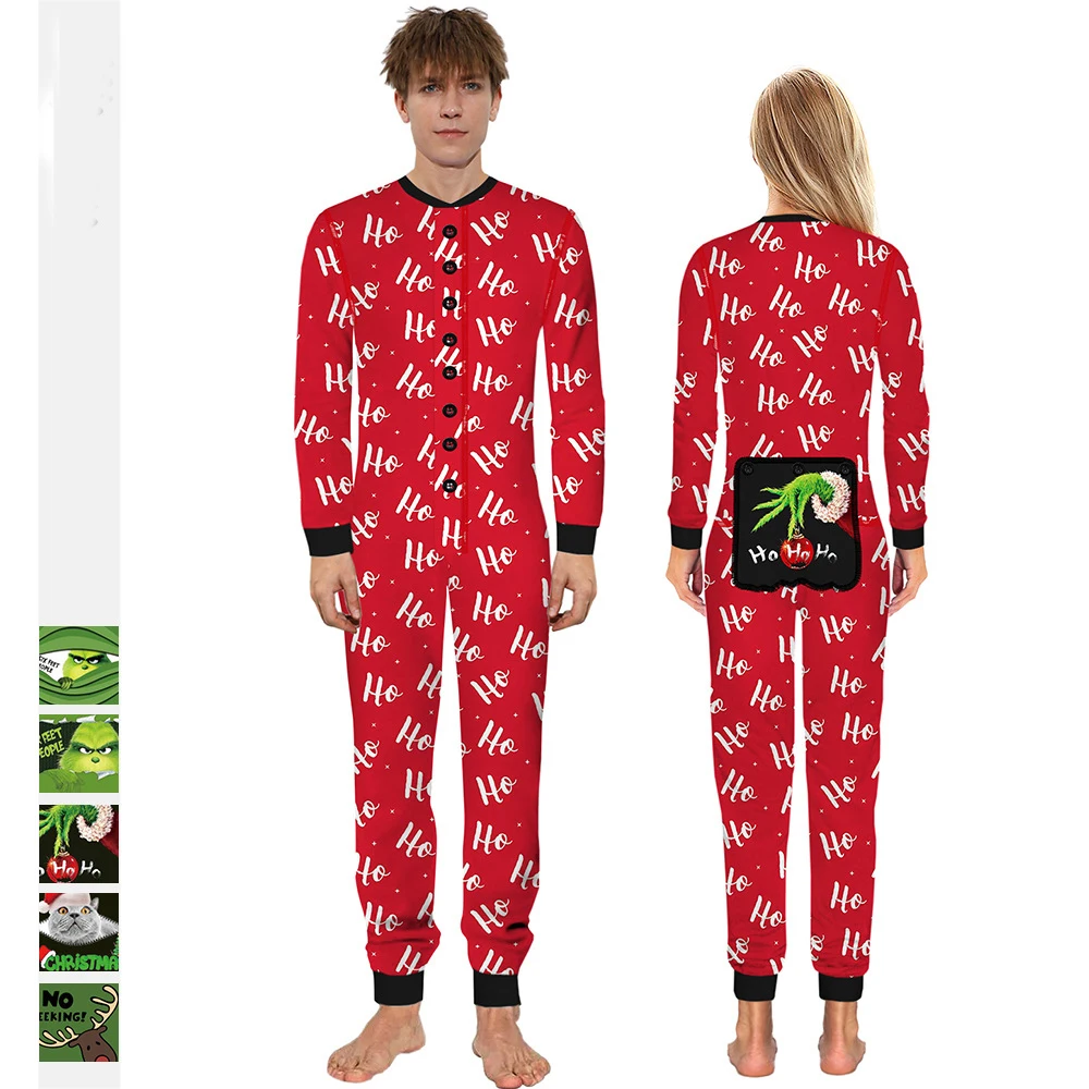 Осенне-зимняя Длинная цельный Пижамный комбинезон с длинным рукавом, Рождественская пижама с принтом, комбинезон для взрослых, одежда для сна с открытыми ягодицами
