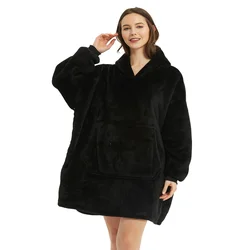Microfiber Plush Coral Fleece Sherpa Blanket With Sleeves Super Soft Warm Outdoor Pocket Hoodie Adult Winter Hooded TV Blankets
