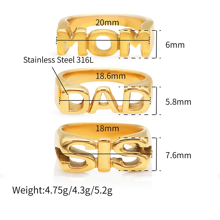 Chris April 316L stainless steel PVD gold plated SIS MOM DAD initial number hip hop signet rings letter