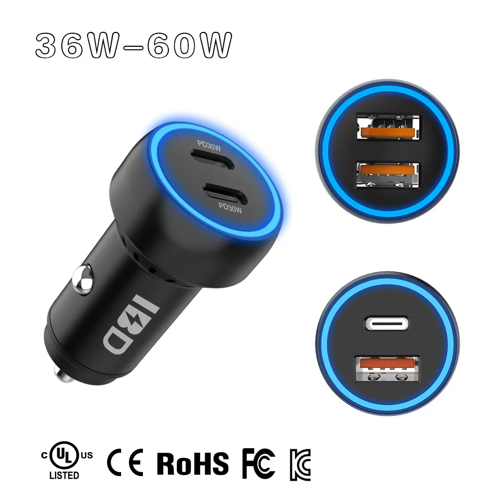 IBD352 New Products Trending 60W 2 Ports PD Car Charger USB cell phone 12v Car Charger for iPhone13