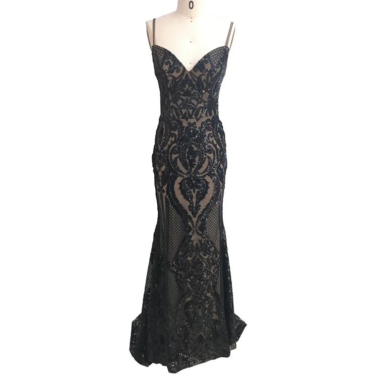 
Fashion design v neck spaghetti strap beaded mermaid black prom dresses for 2020  (1600094089898)