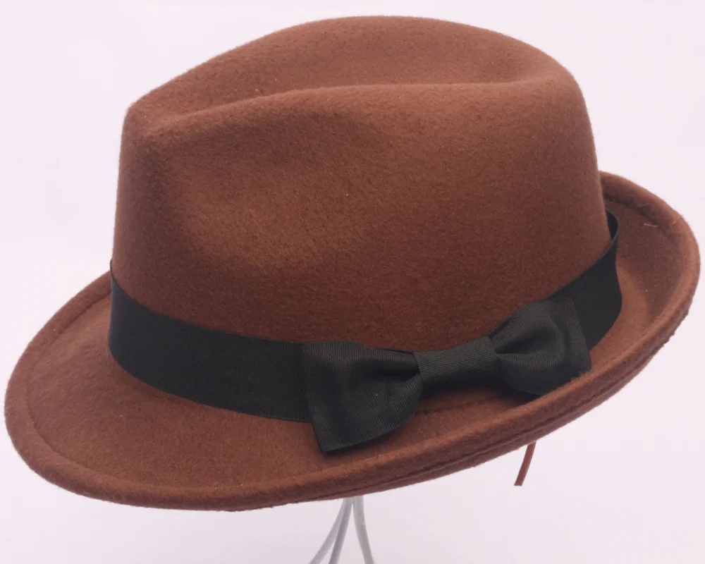 
Women Men Felt Fedora Trilby Jazz Hat Gangster Cap Short Brim felt fedora hat cap with Black bowknot Ribbon Band 