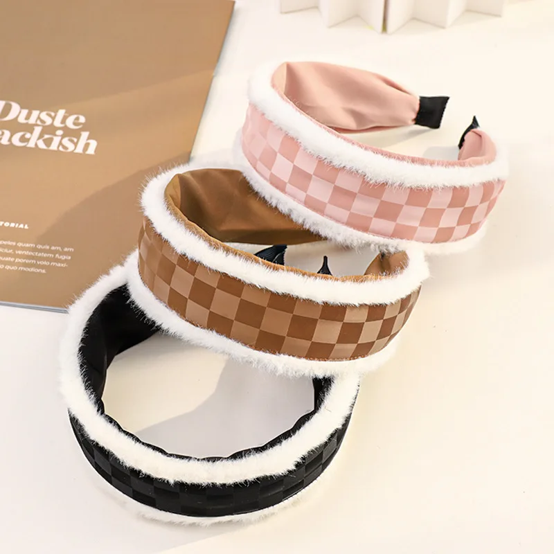 Latest Design Hairbands Sweet Fall Winter Fur Headband Warm Furry Headbands Wide Plaid Checked Pu Leather Headband Women Lady