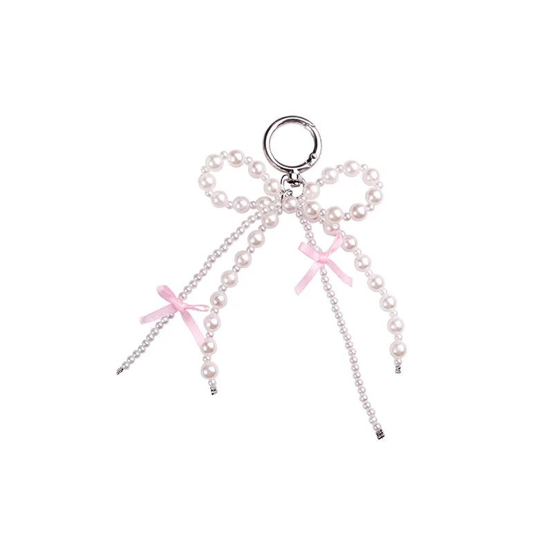 Cute and sweet handmade white pearl fabric bow Keychain car pendant gift Creative accessories Butterfly key holder