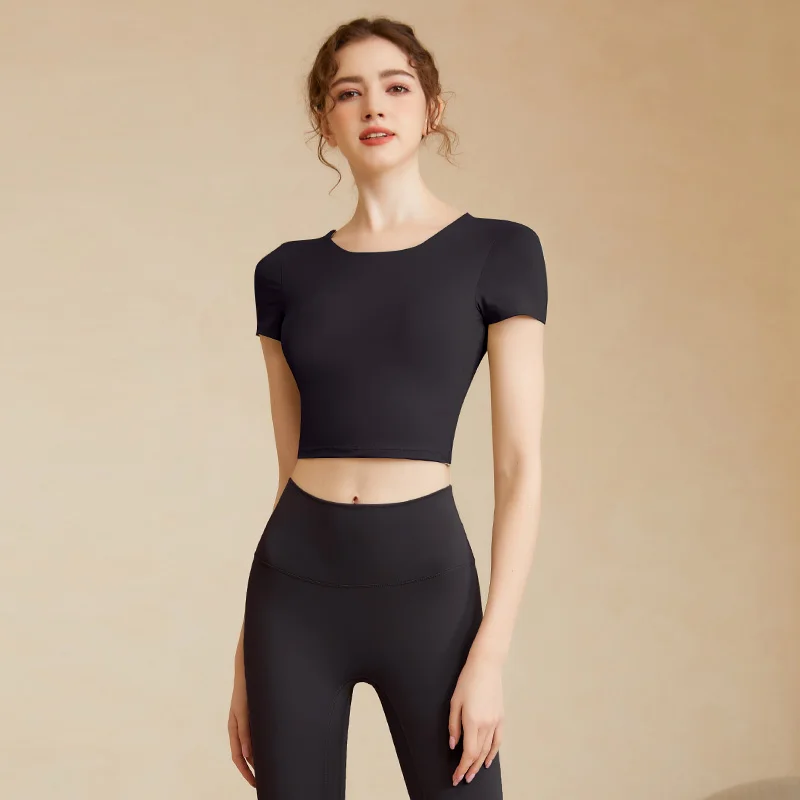 Custom Women Quick Dry training Fitness Short Sleeve Crop Top Shirts Workout Seamless Yoga T Shirt With Built In Bra Activewear