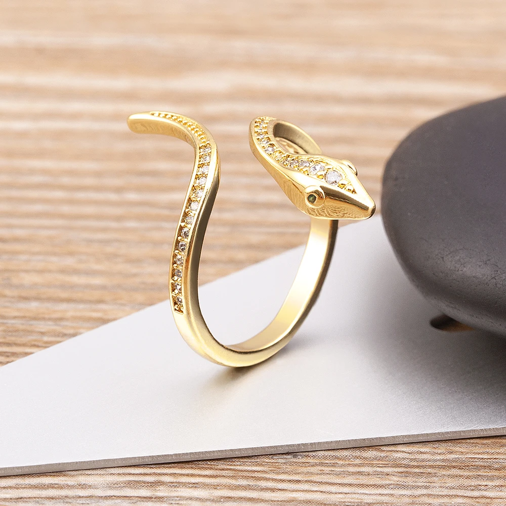 QIKU Fashion Gold Color Snake Shape Copper Zircon Ring Opening Adjustable Jewelry Women Unusual Accessories Girl Gift Wholesale