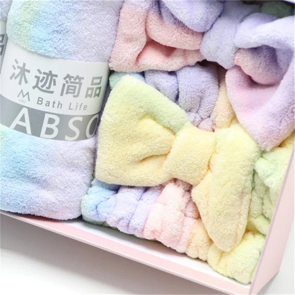Customized coral velvet fabric set bath towel hair cap hair band shower gift set rainbow color fashion matching set