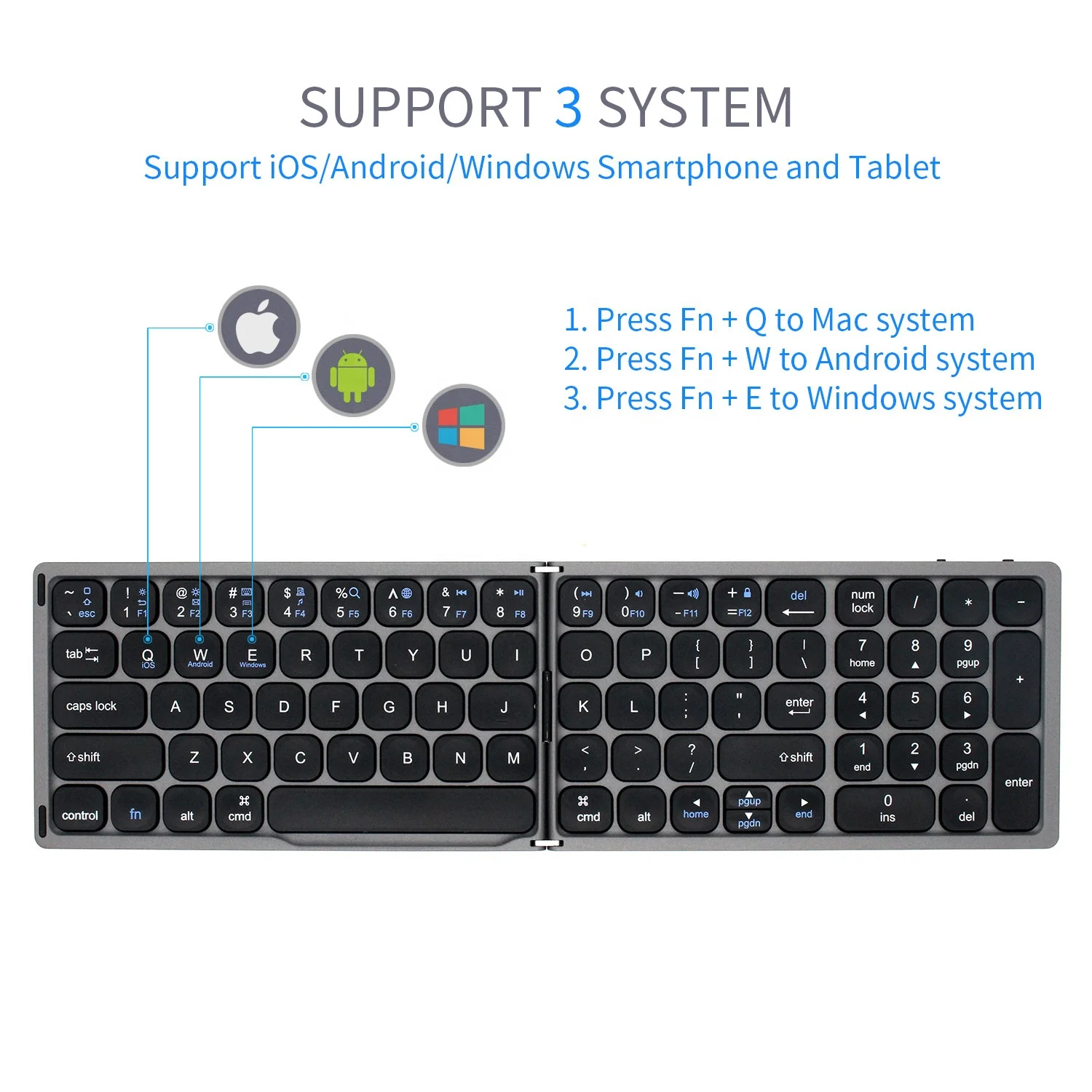 Portable Mini folding Wireless Blue tooth keyboard Ergonomic BT Keyboard with Numeric Keypad for Window Android IOS i Pad Phone