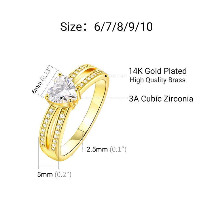 Classic Heart Shaped Ring PVD Gold Plated Jewelry with Zircon Inlay 14k gold plated jewelry wholesale engagement rings for women