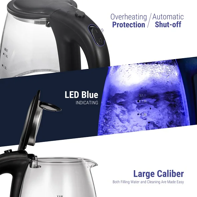 Home Appliance 220V 1.8 L Hot Water Boiler LED Light Electric Glass Tea Kettles