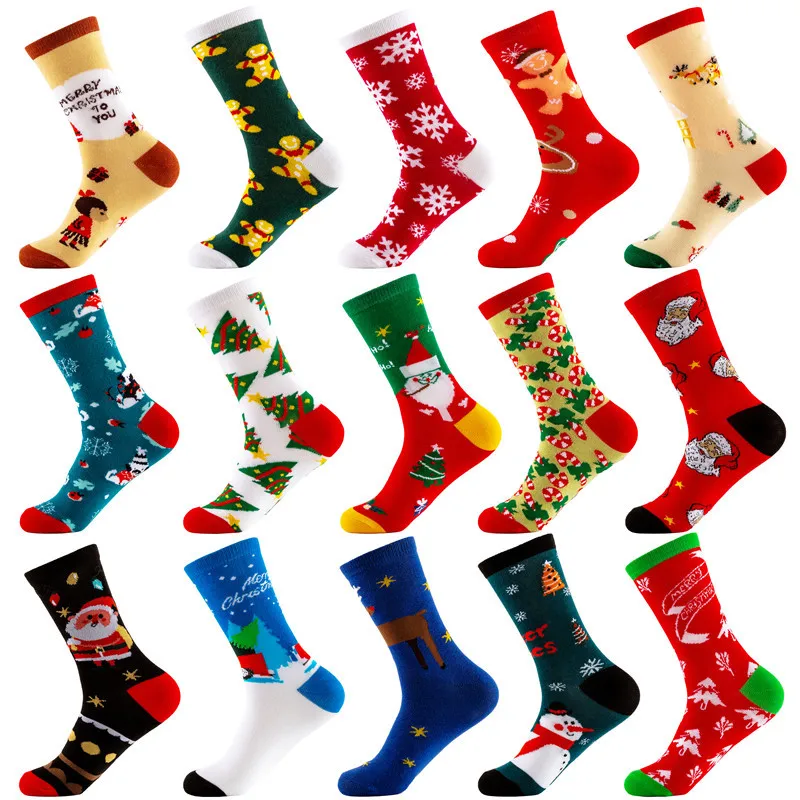 New Designs Custom logo Socks Colorful Snowflakes Santa Clause Christmas Tree Gingerbread-man Cotton Crew Cute Unisex Socks