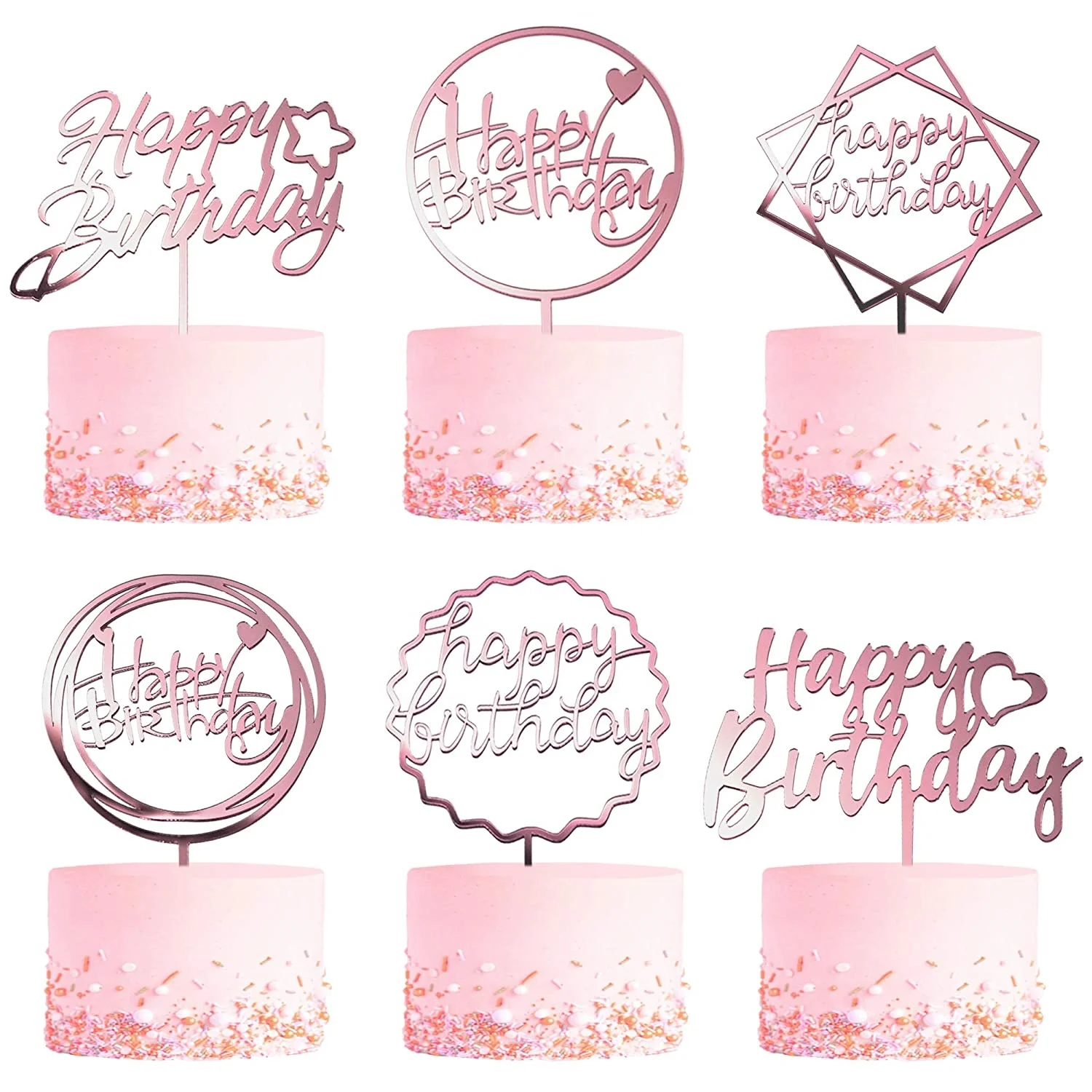 Beautiful Many Gold Style Acrylic Cake Topper Geometry Round Letter Cake Toppers Happy Birthday Wedding Party Cupcake Toppers