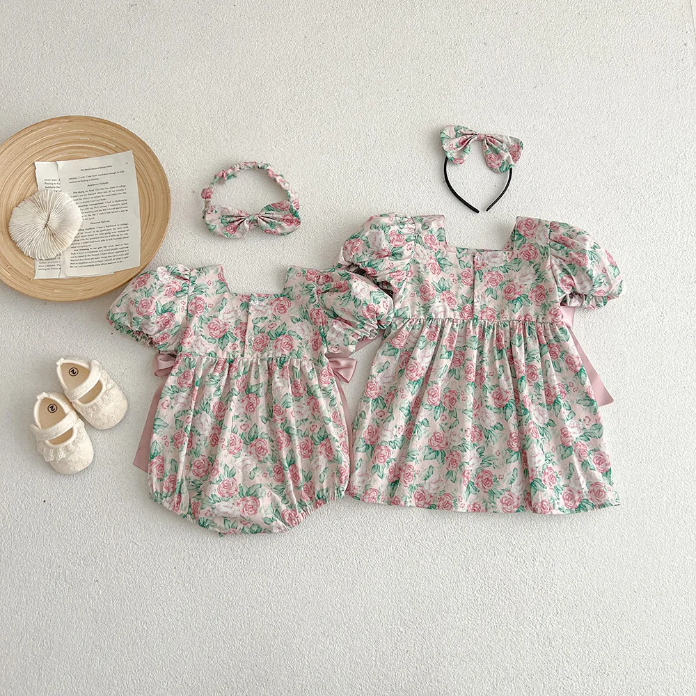 Latest 100% cotton toddler jumpsuit baby girls dress rose pattern rompers sister summer clothes suits newborn gift