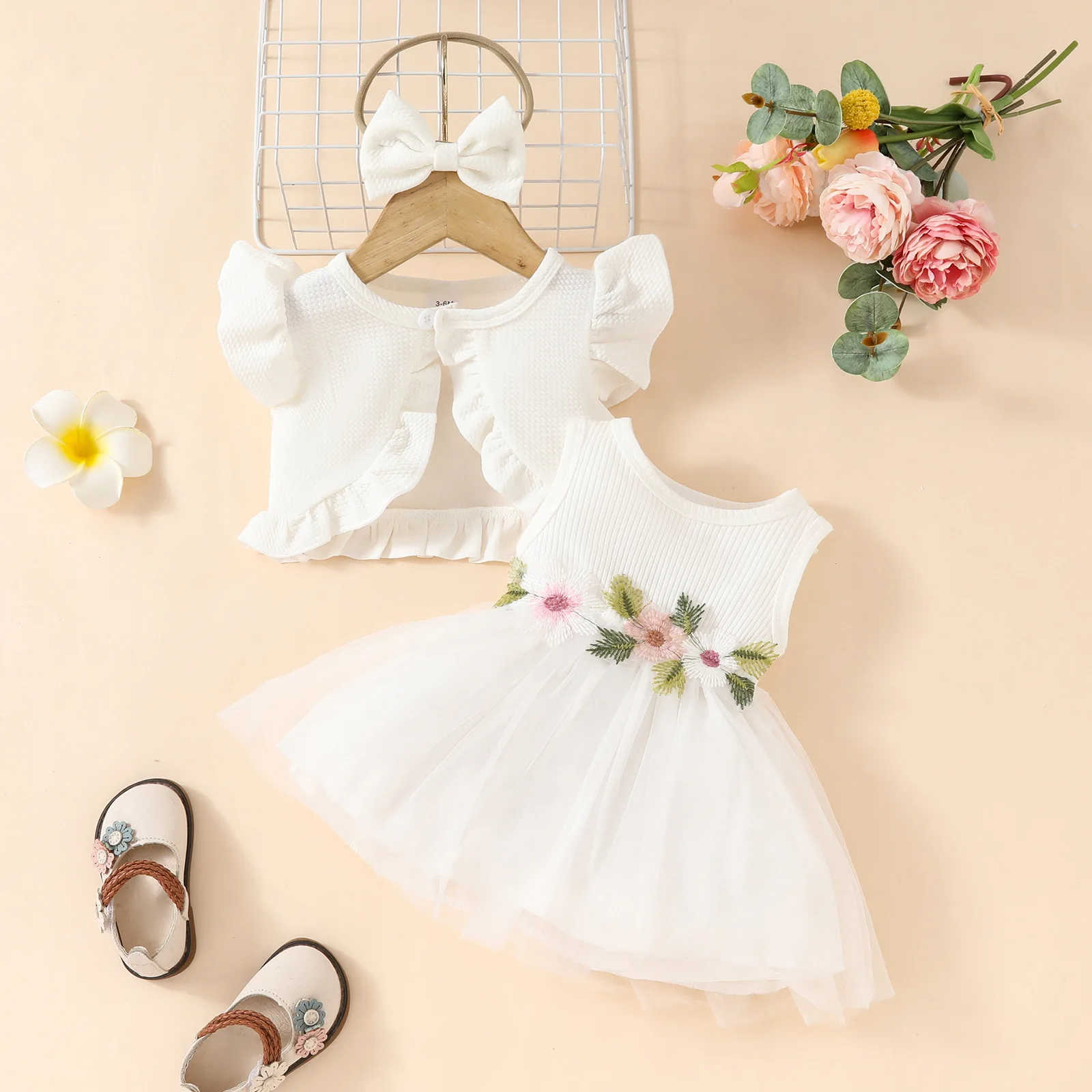 Hot Selling Summer Newborn Baby Sleeveless Girl Princess Dress Cute Kids Hair Band Kids Hair Band Mesh Dress +Coat 3pcs Sets