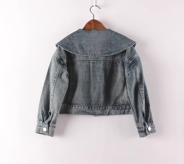 Factory to Consumer Direct Sales kids clothing Custom Design Available Kids Ruffle Collar Cotton black water washed Denim Jacket