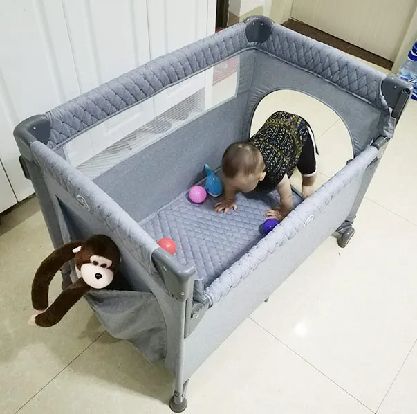 Multi function New born baby cribs foldable cot cunas grey cosleeper playard with big storage bag