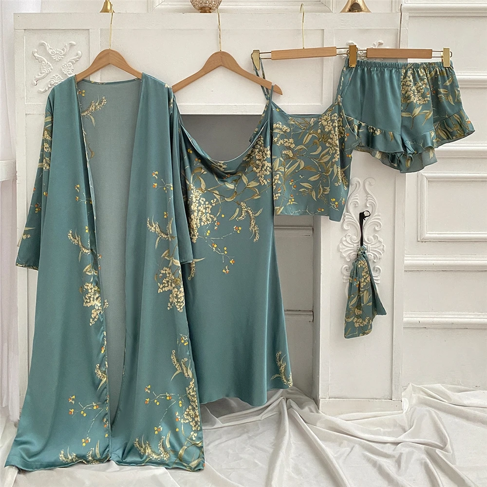 4 Pieces Set Custom Summer Silk Sleepwear Pyjama Sets Comfortable Satin Pajamas Women