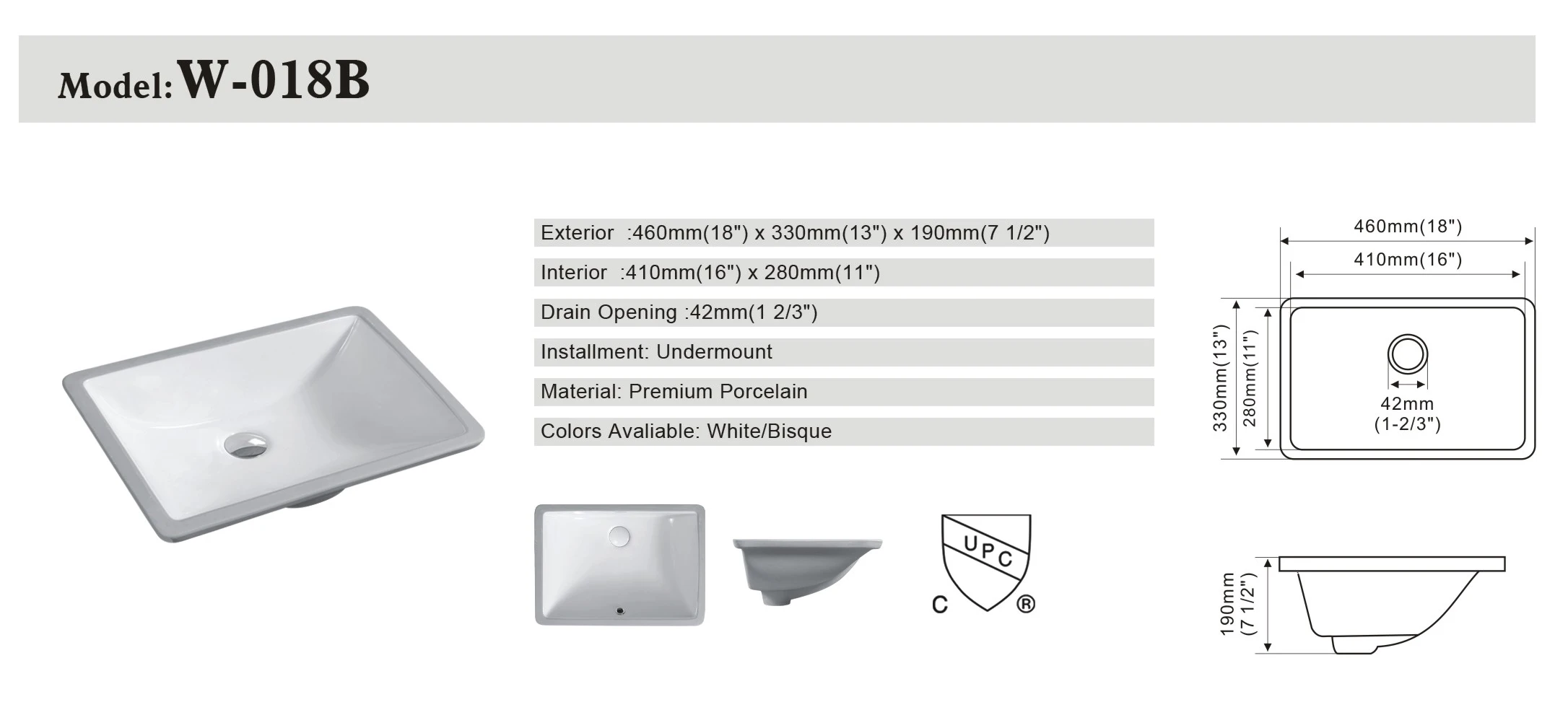 Керамическая раковина CUPC 18 дюймов для отелей прочная высококачественная маленькая прямоугольная встраиваемого монтажа из фарфора