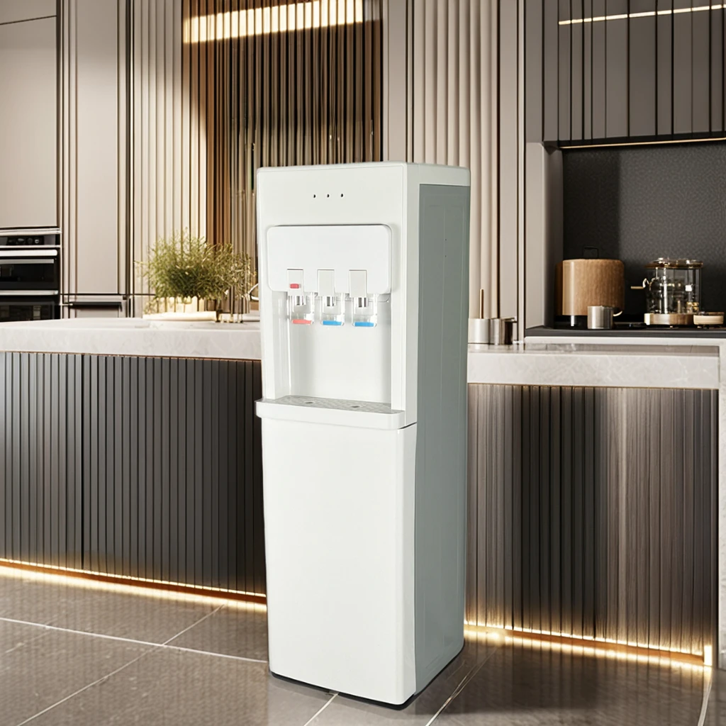 Free Standing Electric Water Dispenser with Three Faucets for Hot Cold Normal Water Plastic Housing for Household Hotel Use