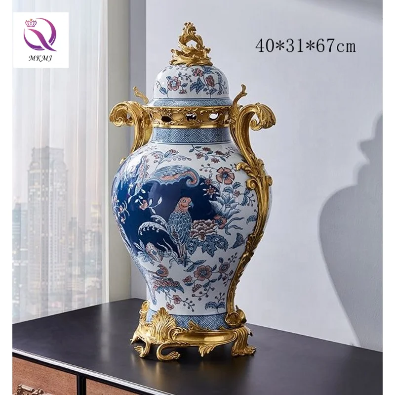 Tall and Luxurious Blue and White Porcelain General Jar for Living Room Home Decoration Ginger Jar Decorative Vase