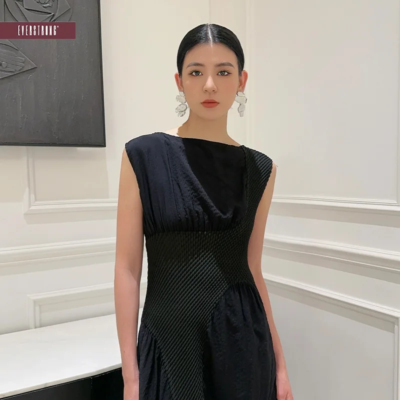 Pleated Dress Black Slim Comfortable Breathable Fashion Summer High Waist Midi Dresses