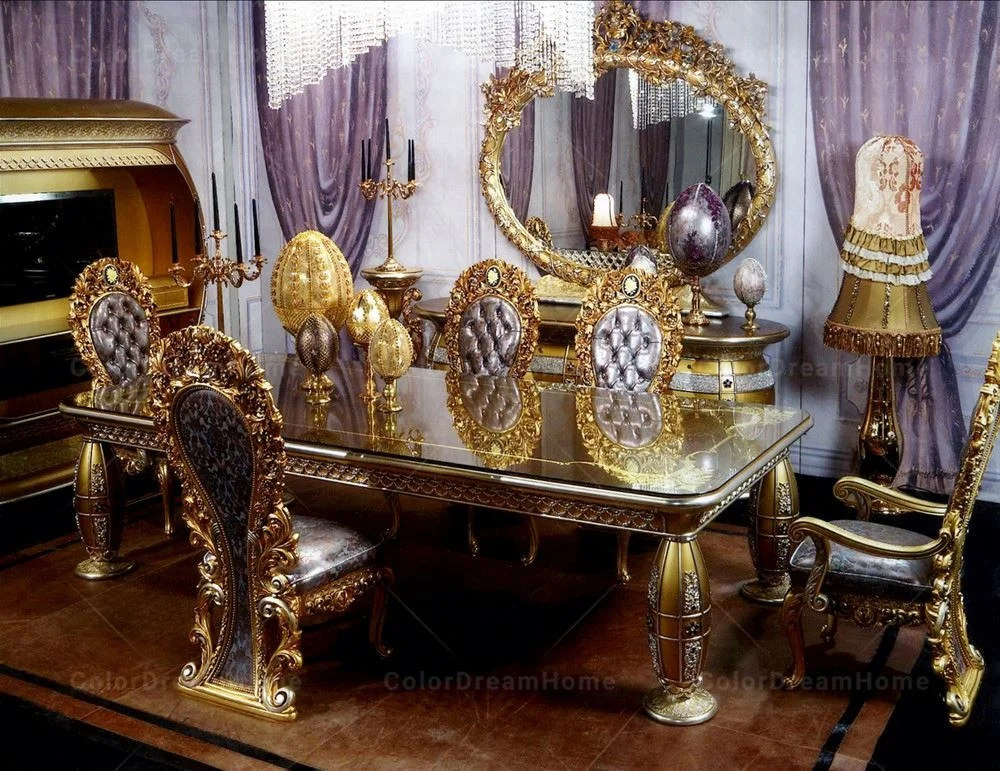 Rococo Royal Luxury Furniture Gold Wood Carving Long Dining Table and Chair Set Glass Countertop