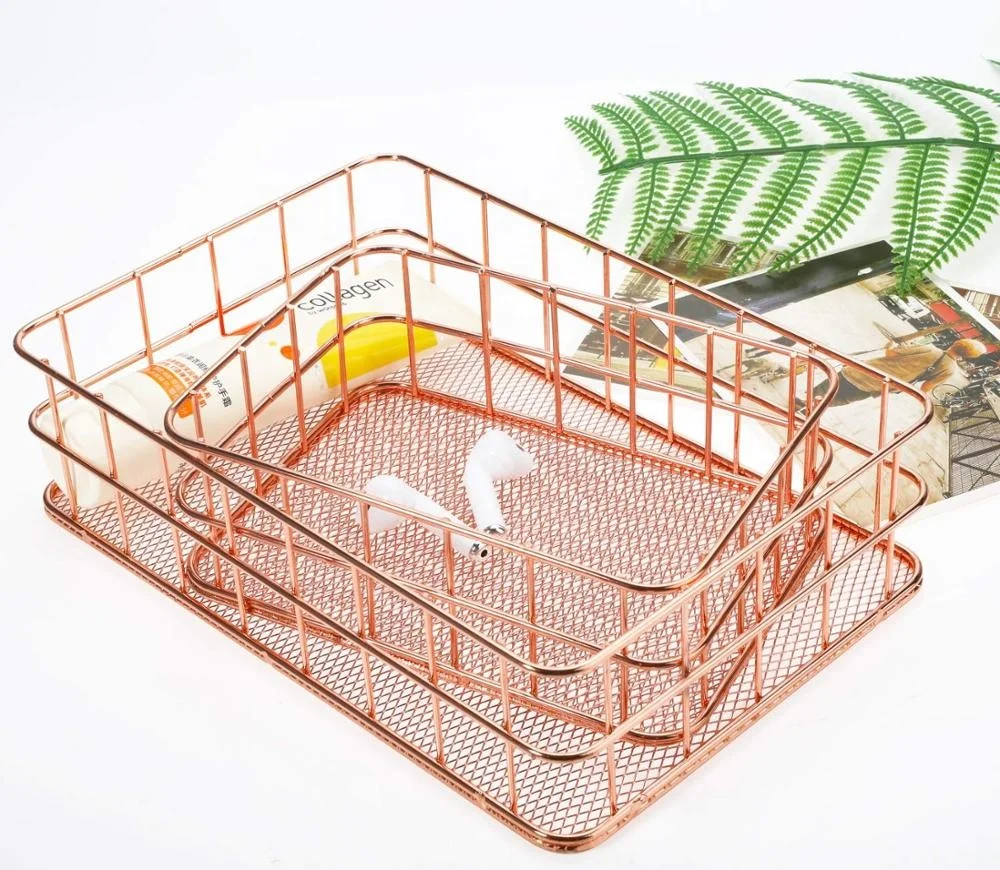 RTS 550-14B Nordic style rose gold wire mesh storage basket makeup brush organizer