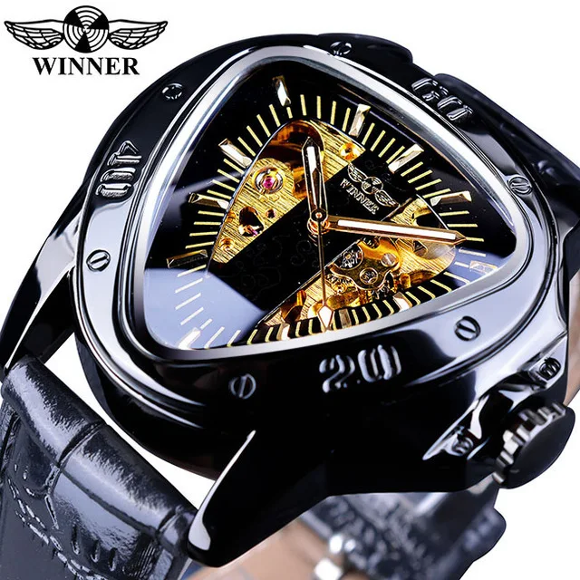 Winner Triangle Golden Skeleton Transparent Motorcycle Racing Design Mens Automatic Wrist Watch Top Brand Luxury Male Clock