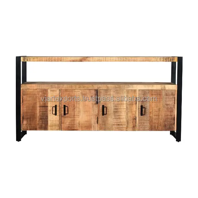best quality guarantee direct factory product Indian solid mango wood & Iron metal 3 door Storage Console Table