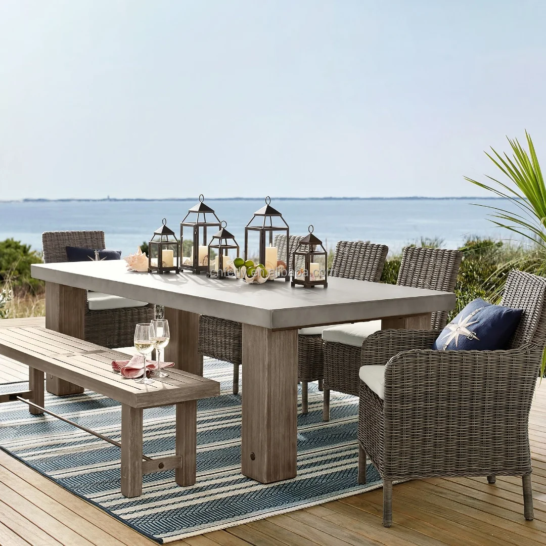 Ferly Modern Backyard Outdoor Patio Furniture Dining Table With Concrete Top Teak Set Wooden Bench Garden Table And Chair Set