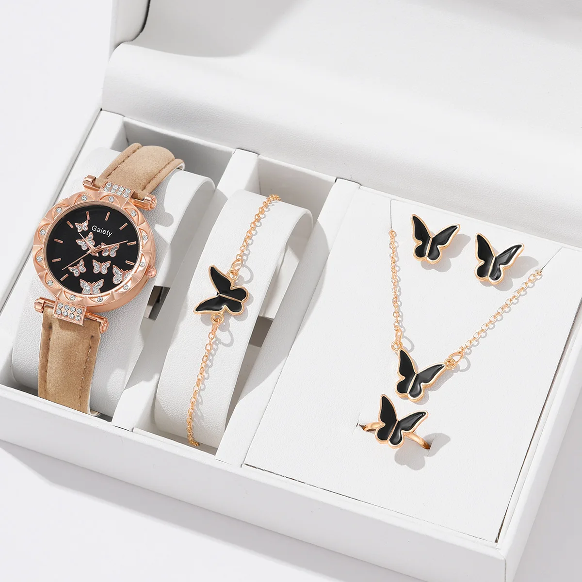 women watch set Luxury Watch Woman Ring Necklace Earrings Bracelet Set Women Watches Gift set Butterfly Leather wristwatches