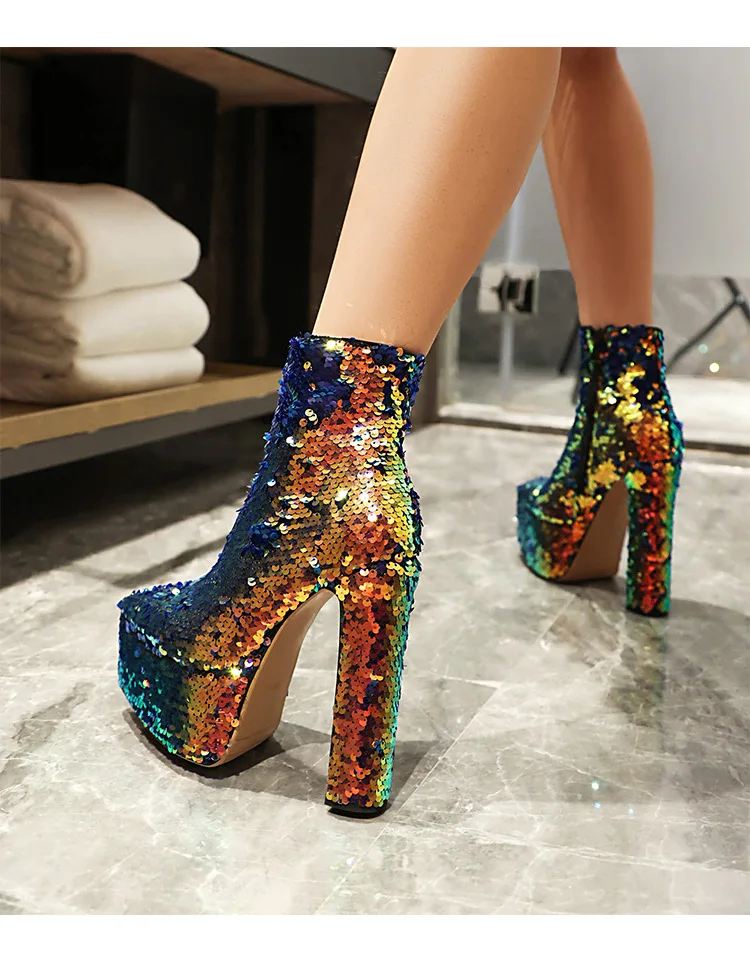 PDEP 2023 chunky platform high heel boots for women slip on with zipper luxury sequin shining ladies ankle boots shoes
