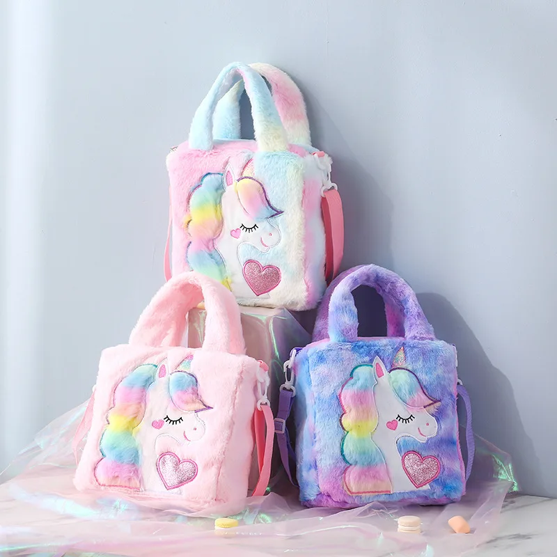 Wholesale high quality cute cartoon ladies purse shoulder bag fashion kids children unicorn plush bags women