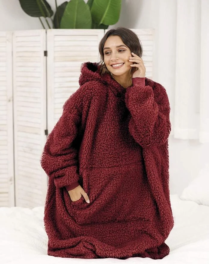 2022 Big Pocket hoodie wine red sherpa Lamb tv blanket sherpa blanket